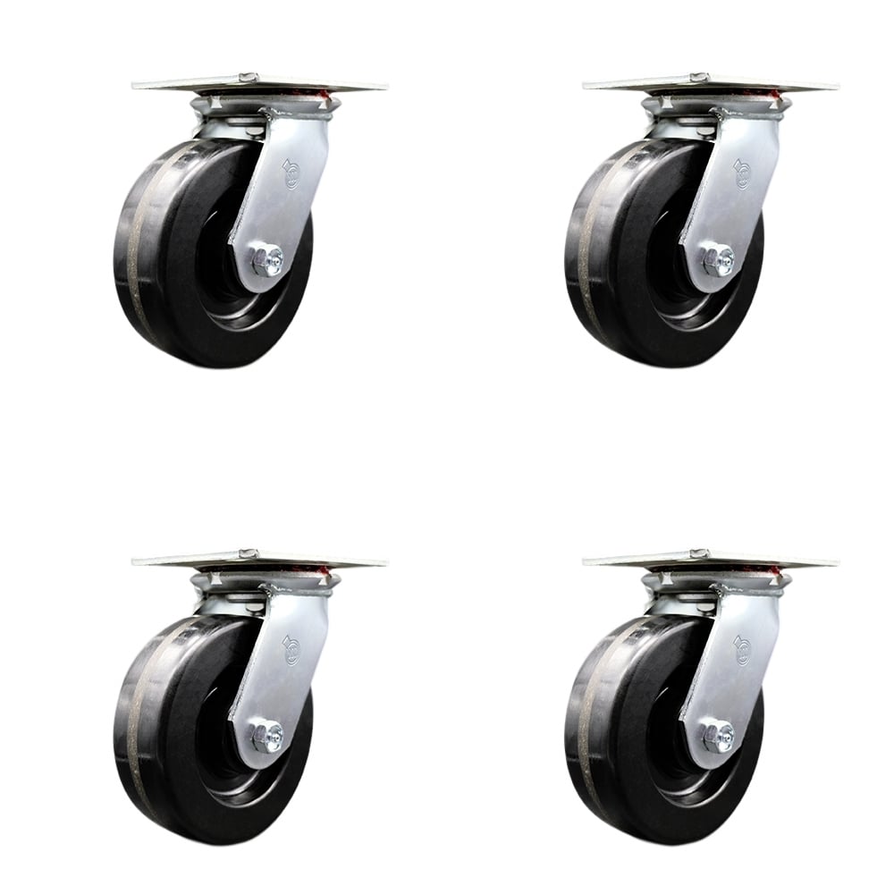 Heavy Duty Large Top Plate Phenolic Swivel Caster with Maintenance Free Bearings with 6 x 2 in. Black Wheels - 4800 lbs Total Capacity - Set of 4