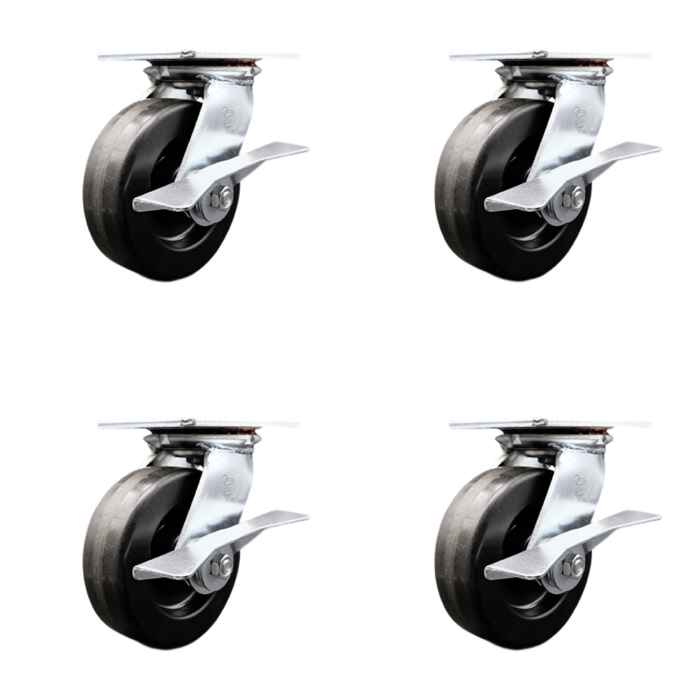 Heavy Duty Large Top Plate Phenolic Swivel Caster with Maintenance Free Bearings with 6 x 2 in. Black Wheels - 4800 lbs Total Capacity - Set of 4