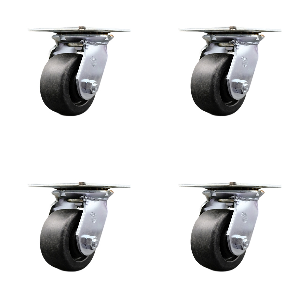 Heavy Duty Large Top Plate Polyolefin Swivel Caster with Maintenance Free Bearings with 4 x 2 in. Black Wheels - 2000 lbs Total Capacity - Set of 4