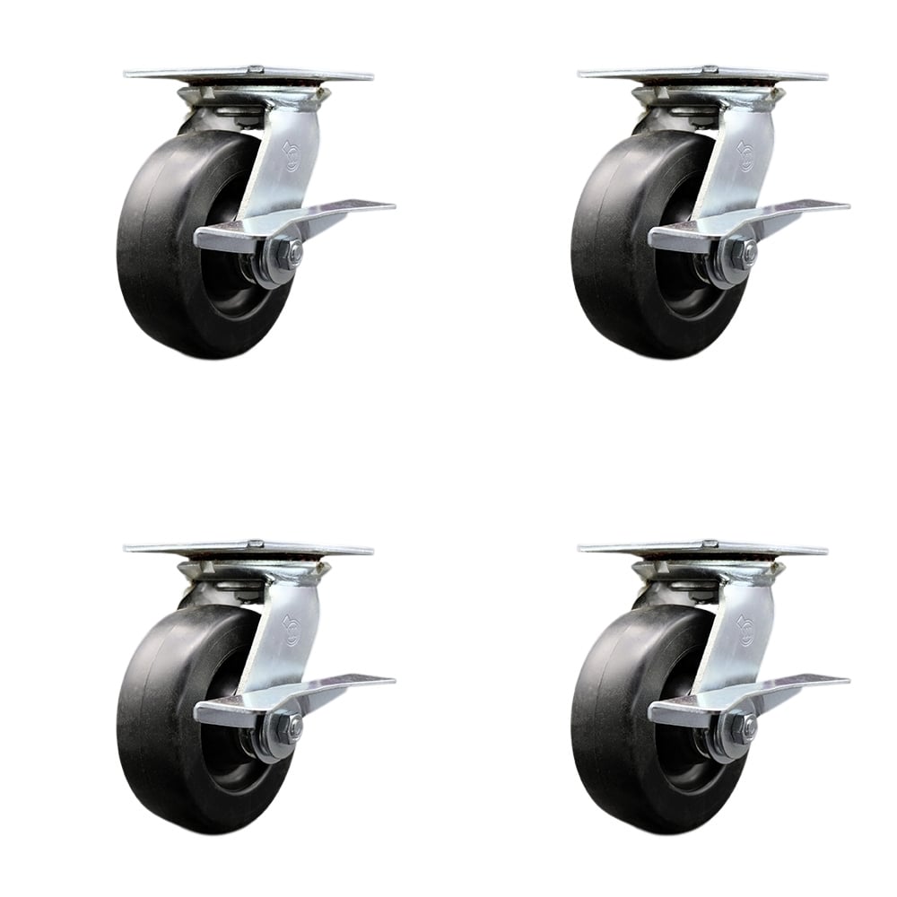 Heavy Duty Large Top Plate Polyolefin Swivel Caster with Maintenance Free Bearings with 6 x 2 in. Black Wheels - 2800 lbs Total Capacity - Set of 4