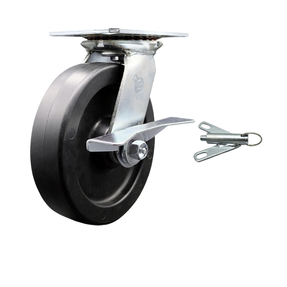 Heavy Duty Large Top Plate Polyolefin Swivel Caster with Maintenance Free Bearings & 8 x 2 in. Black Wheel & Side Lock Brake & Bolt on Swivel Lock
