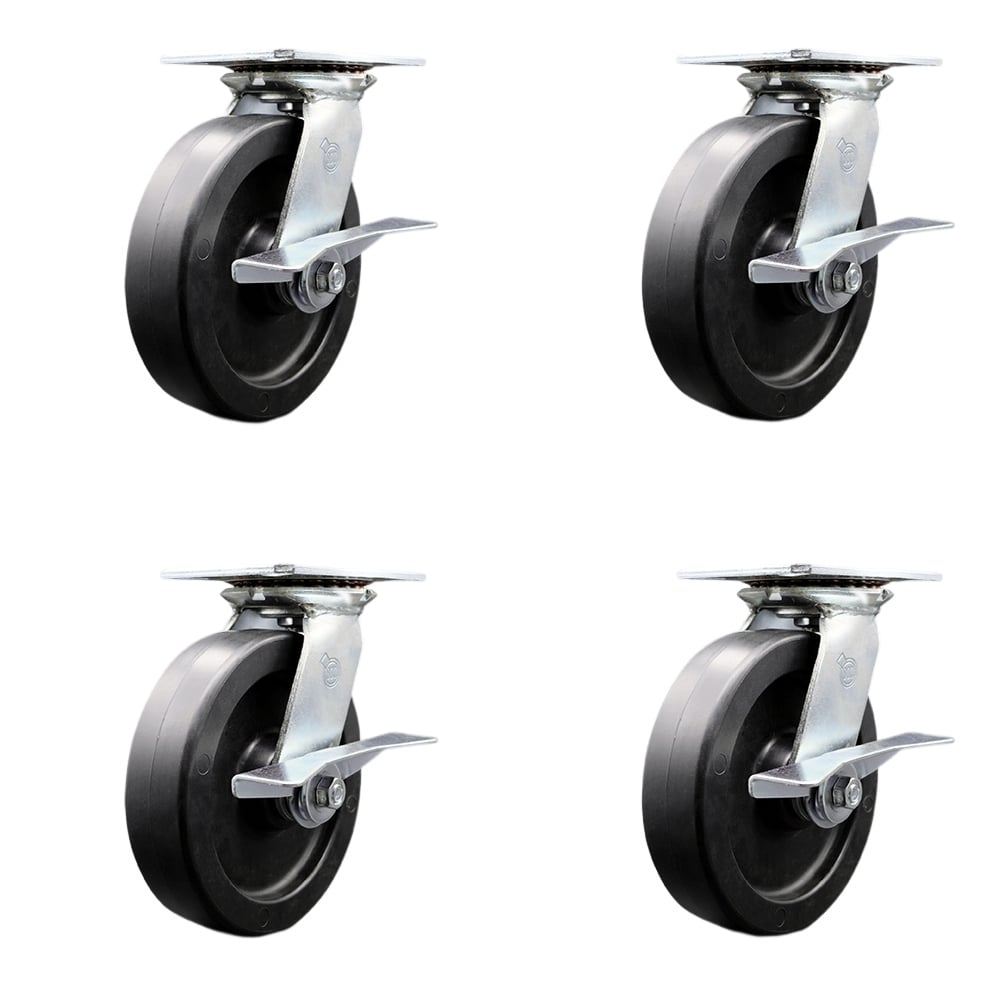 Heavy Duty Large Top Plate Polyolefin Swivel Caster with Maintenance Free Bearings with 8 x 2 in. Black Wheels - 3600 lbs Total Capacity - Set of 4