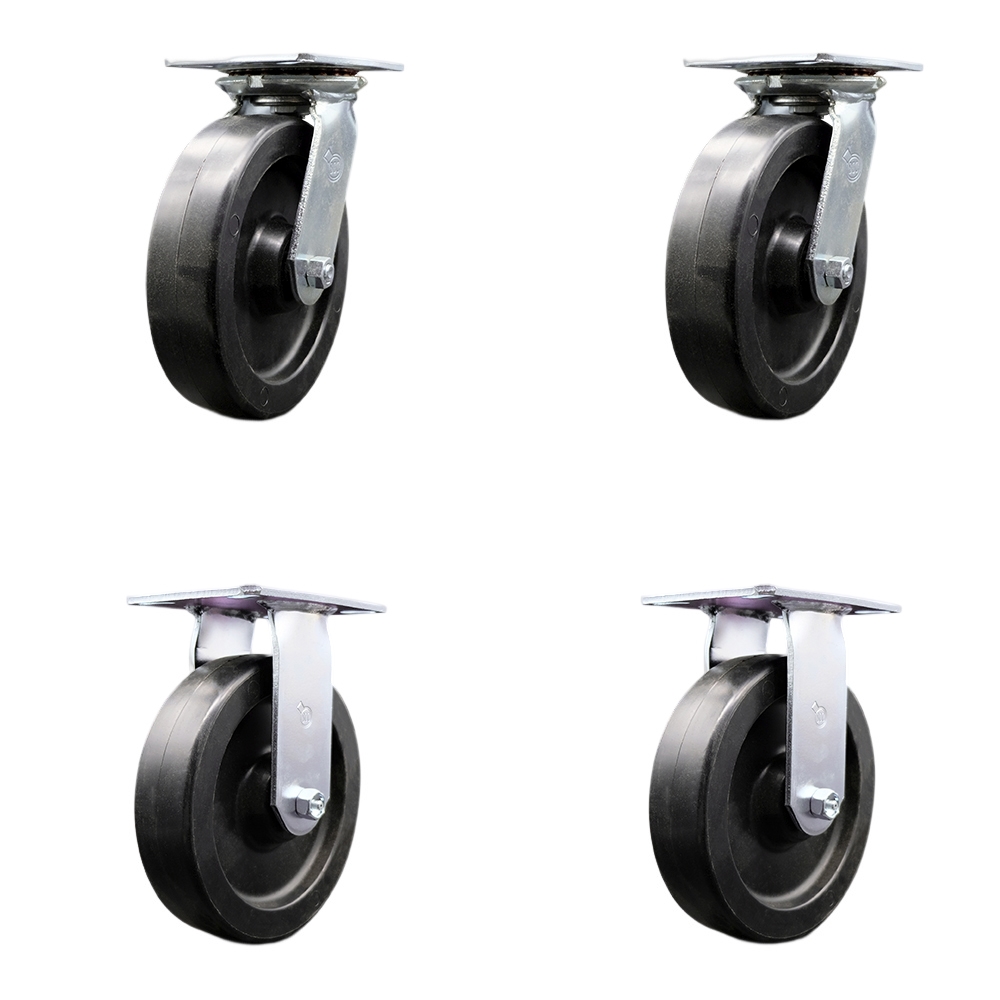 Heavy Duty Large Top Plate Polyolefin Swivel Caster with Maintenance Free Bearings with 8 x 2 in. Black Wheels - 3600 lbs Total Capacity - Set of 4