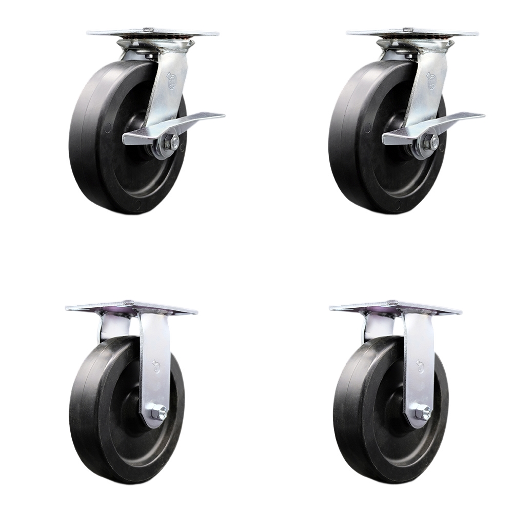 Heavy Duty Large Top Plate Polyolefin Swivel Caster with Maintenance Free Bearings with 8 x 2 in. Black Wheels - 3600 lbs Total Capacity - Set of 4