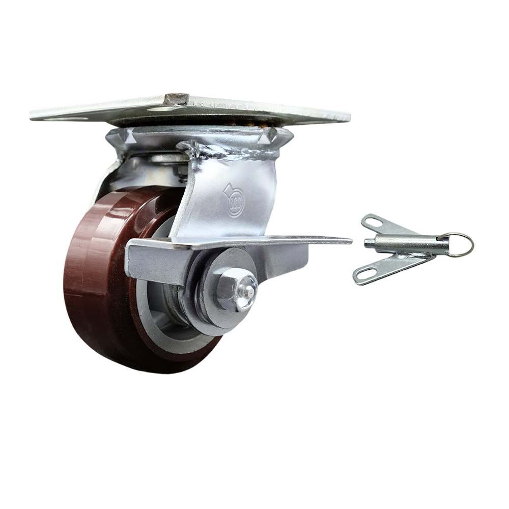 Heavy Duty Large Top Plate Polyurethane on Polyolefin Swivel Caster with Maintenance Free Bearings & 4 x 2 in. Maroon Wheel - 600 lbs Capacity