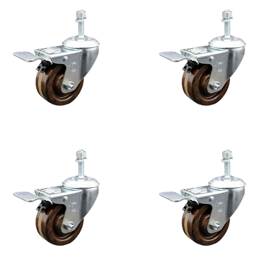 Stainless Steel High Temperature Phenolic Swivel Threaded Stem Caster with 3 x 1.25 in. Brown Wheels & 10 mm Stems - Set of 4