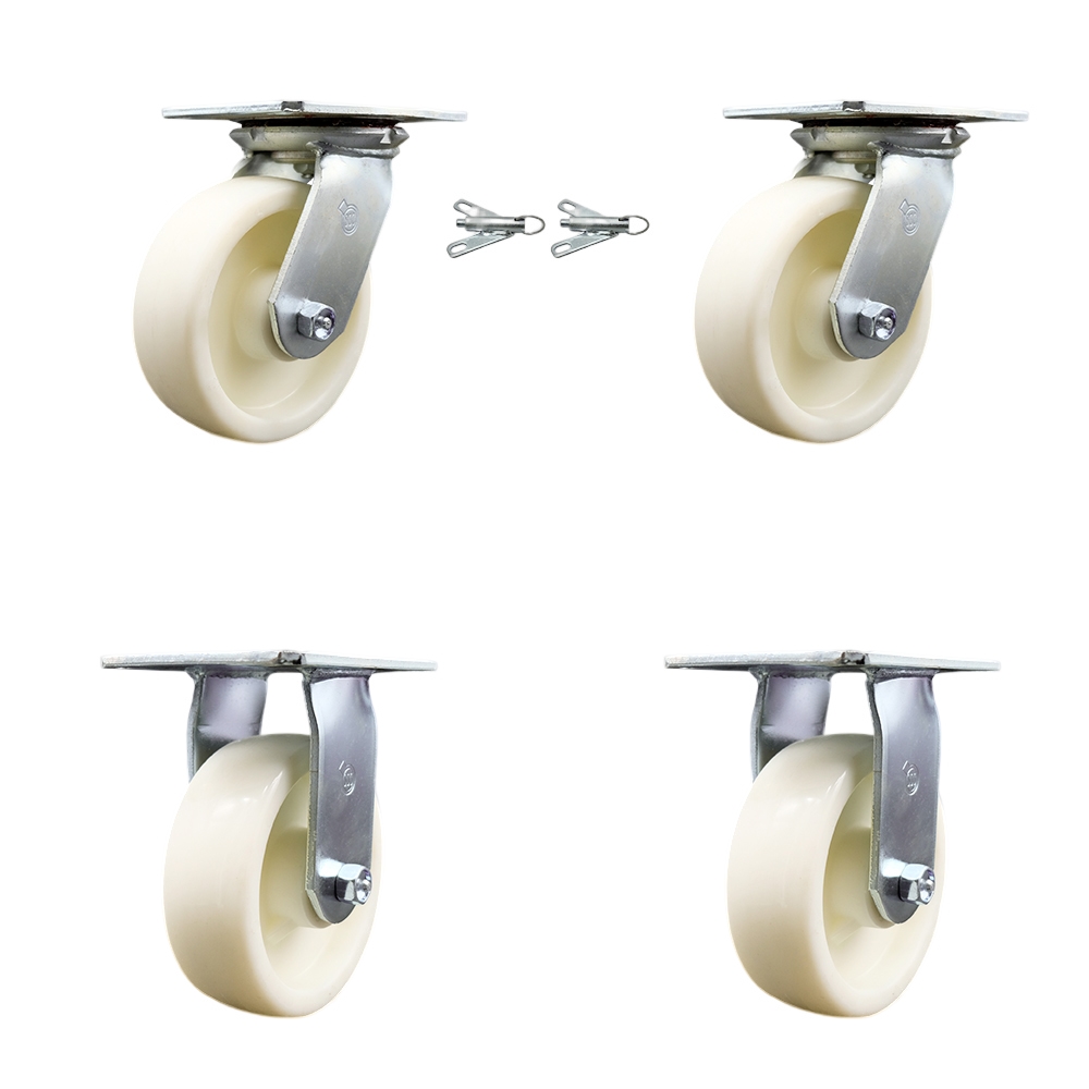 Heavy Duty Large Top Plate Nylon Swivel Caster with Maintenance Free Bearings with 6 x 2 in. White Wheels - 5000 lbs Capacity - Set of 4