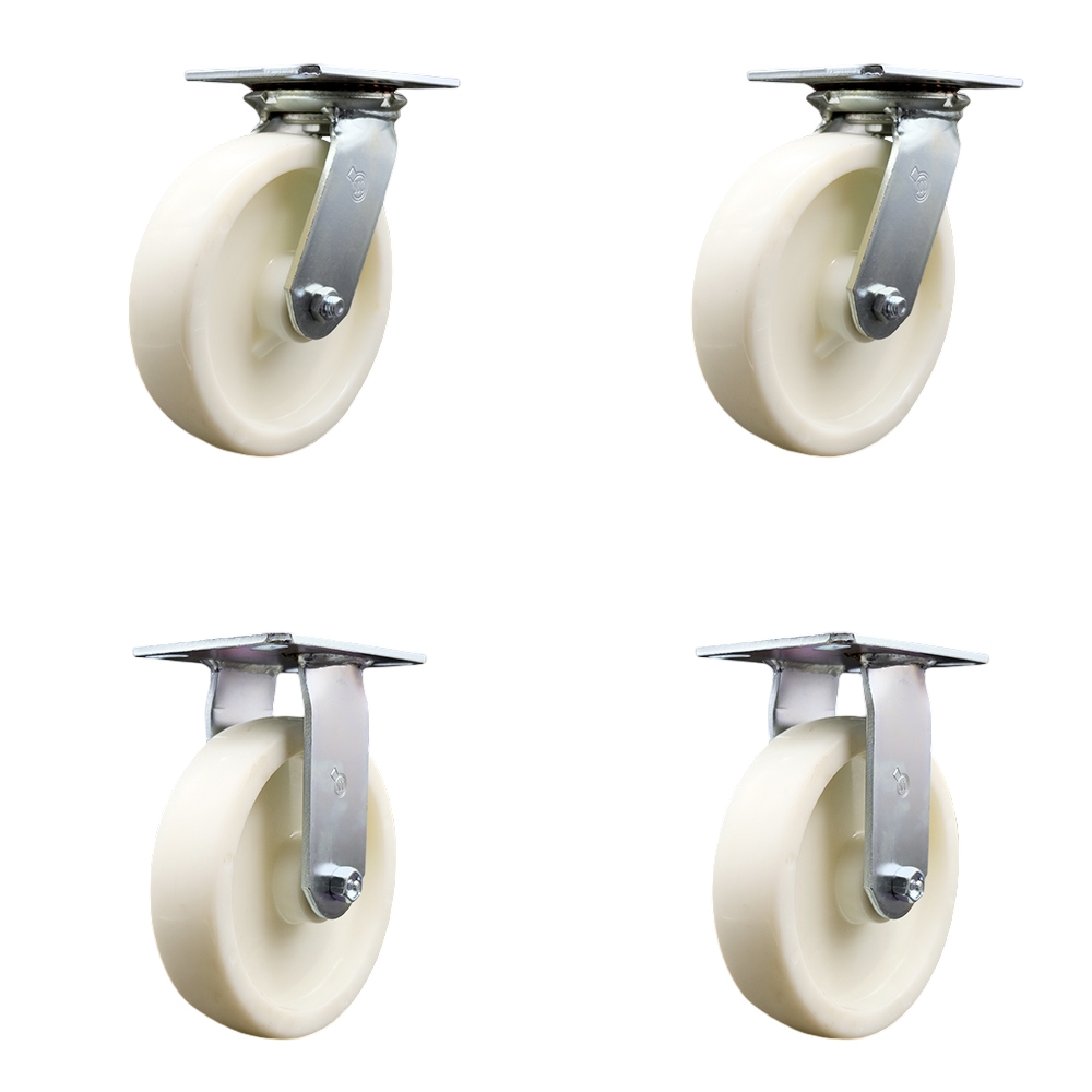 Heavy Duty Large Top Plate Nylon Swivel Caster with Maintenance Free Bearings with 8 x 2 in. White Wheels - 5000 lbs Total Capacity - Set of 4