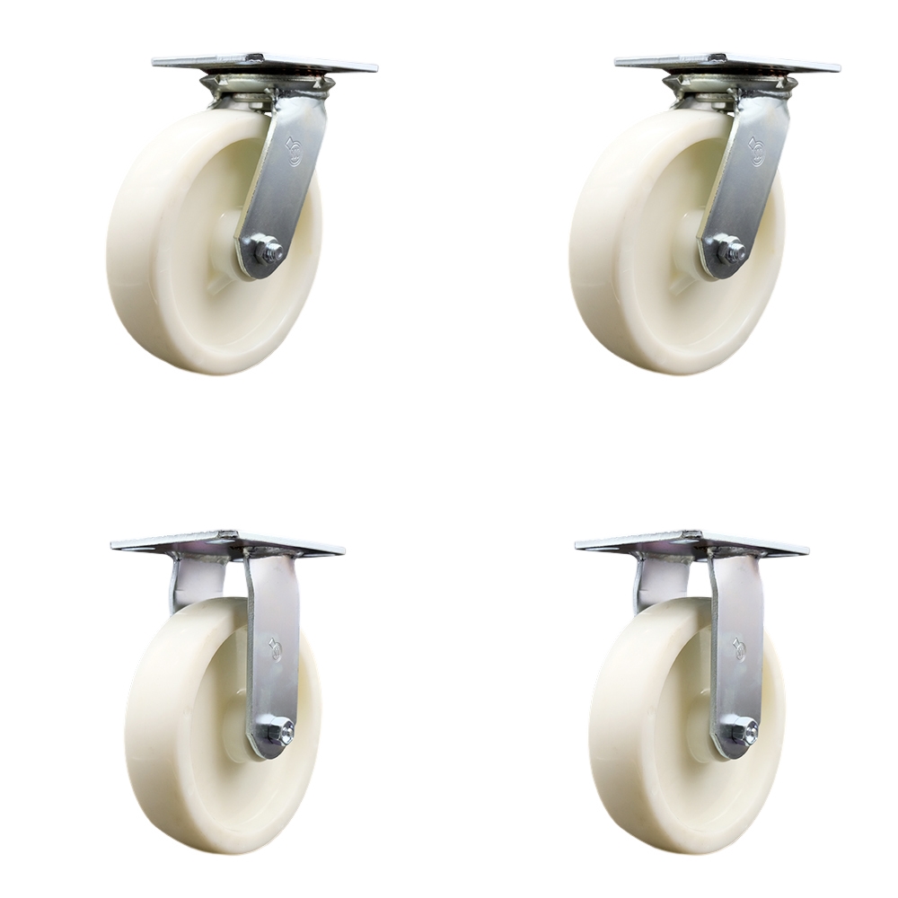 Heavy Duty Large Top Plate Nylon Swivel Caster with Maintenance Free Bearings with 8 x 2 in. White Wheels - 5000 lbs Capacity - Set of 4