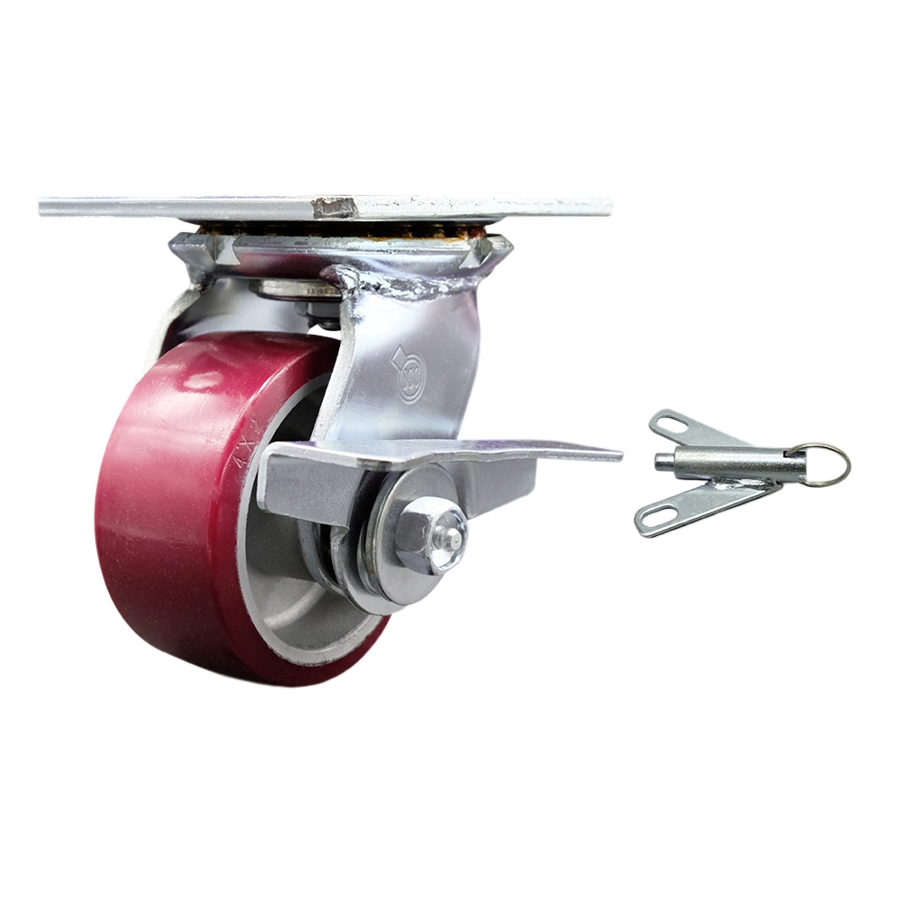 Heavy Duty Large Top Plate Polyurethane on Aluminum Swivel Caster with Maintenance Free Bearings & 4 x 2 in. Maroon Wheel - 700 lbs Capacity