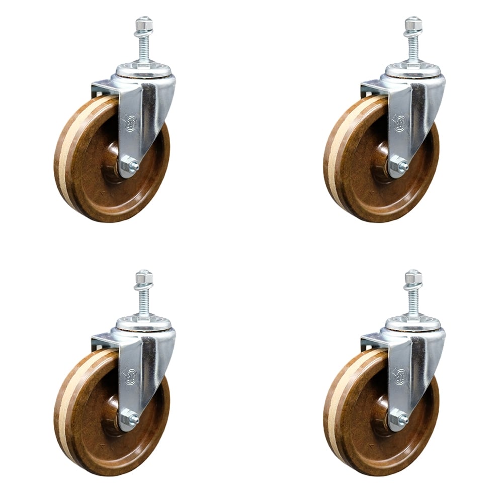 Stainless Steel High Temperature Phenolic Swivel Threaded Stem Caster with 5 x 1.25 in. Brown Wheels & 10 mm Stems - Set of 4