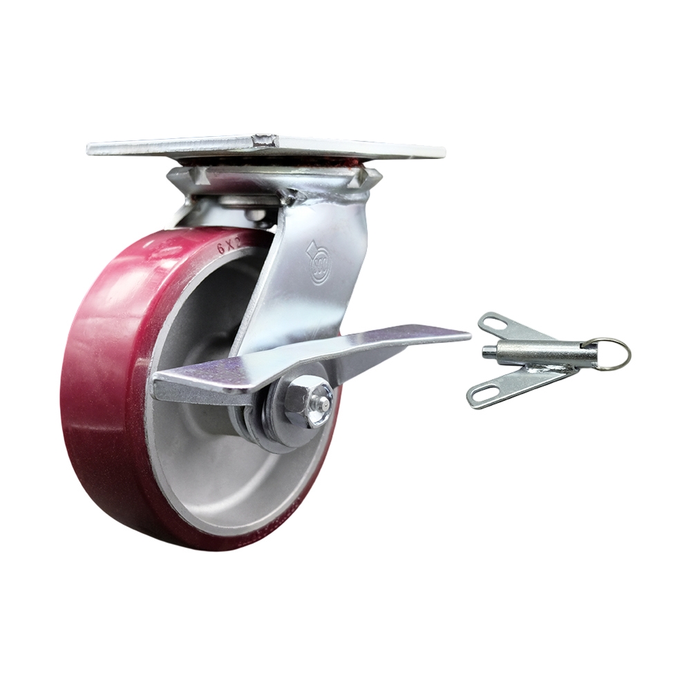 Heavy Duty Large Top Plate Polyurethane on Aluminum Swivel Caster with Maintenance Free Bearings & 6 x 2 in. Maroon Wheel - 1200 lbs Capacity