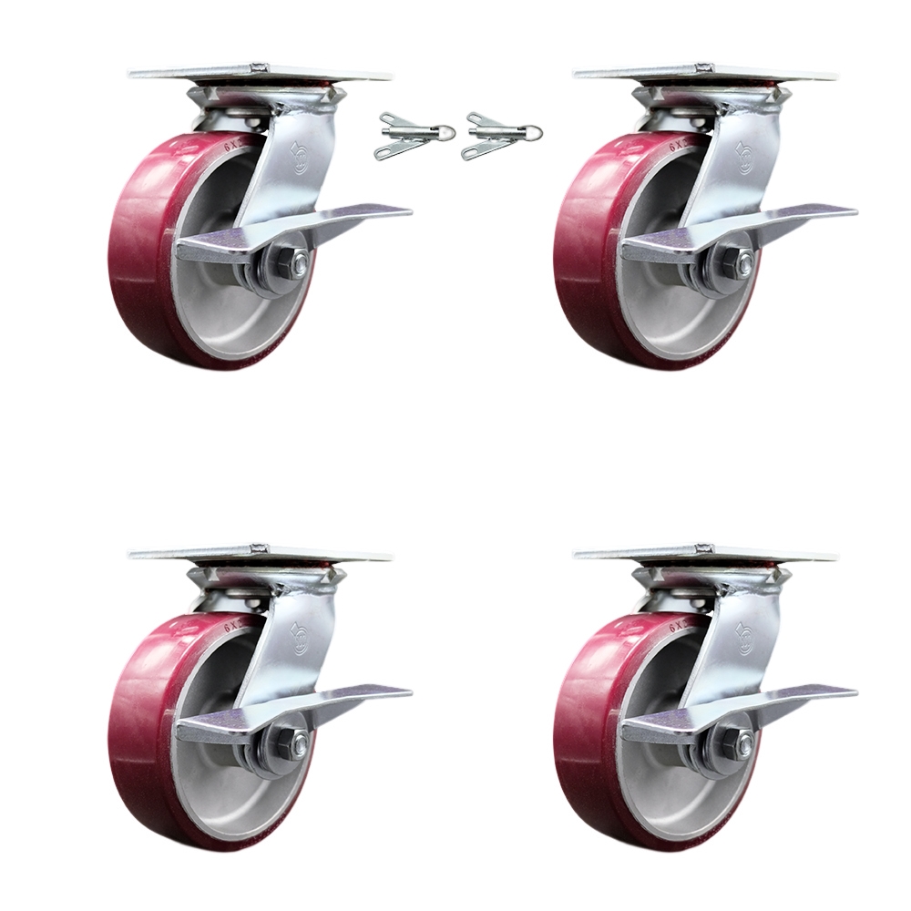 Heavy Duty Large Top Plate Poly on Aluminum Swivel Caster with Maintenance Free Bearings with 6 x 2 in. Maroon Wheels - Set of 4