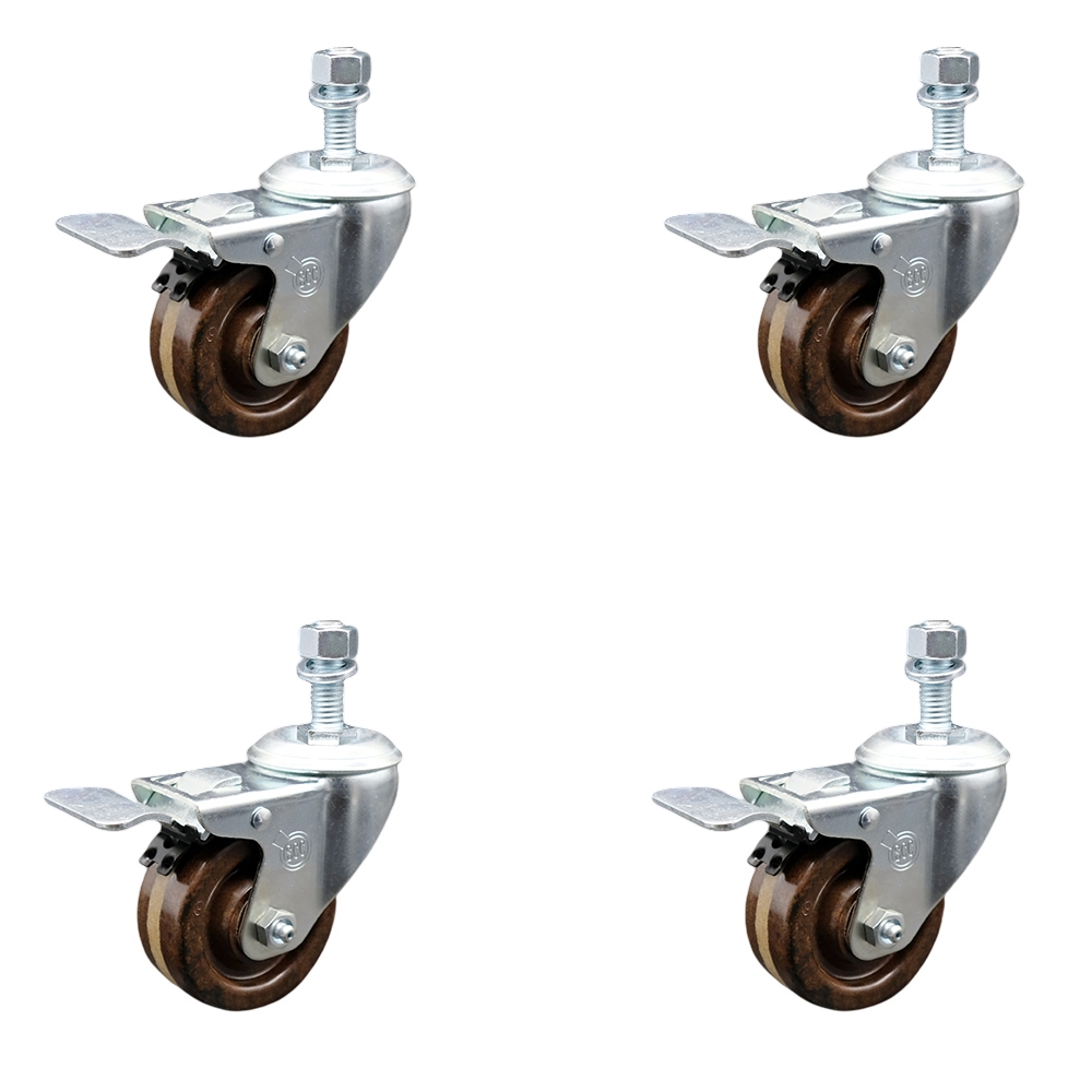 Stainless Steel High Temperature Phenolic Swivel Threaded Stem Caster with 3 x 1.25 in. Brown Wheels & 12 mm Stems - Set of 4
