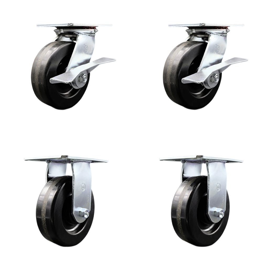 Heavy Duty Large Top Plate Phenolic Swivel Caster with Maintenance Free Bearings with 6 x 2 in. Black Wheels - 4800 lbs Total Capacity - Set of 4
