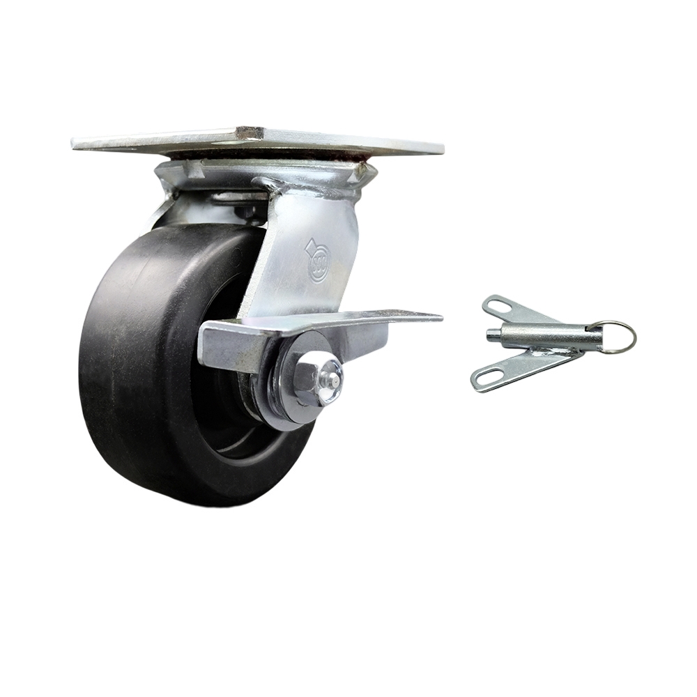 Heavy Duty Large Top Plate Polyolefin Swivel Caster with Maintenance Free Bearings & 5 x 2 in. Black Wheel & Side Lock Brake & Bolt on Swivel Lock