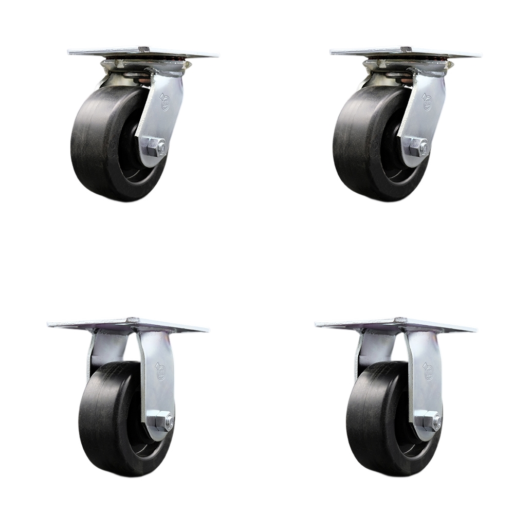 Heavy Duty Large Top Plate Polyolefin Swivel Caster with Maintenance Free Bearings with 5 x 2 in. Black Wheels - 2600 lbs Total Capacity - Set of 4
