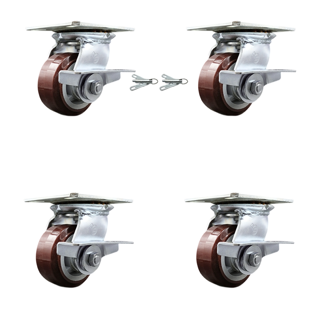 Heavy Duty Large Top Plate Poly on Polyolefin Swivel Caster with Maintenance Free Bearings with 4 x 2 in. Maroon Wheels - Set of 4