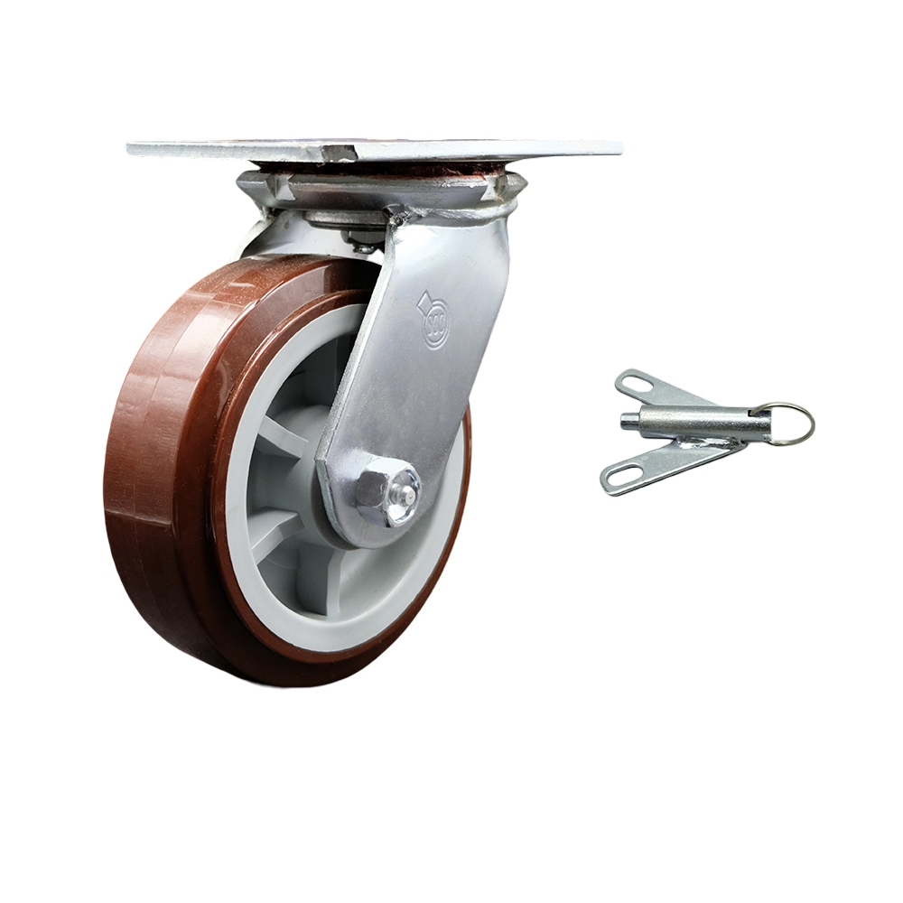 Heavy Duty Large Top Plate Polyurethane on Polyolefin Swivel Caster with Maintenance Free Bearings & 6 x 2 in. Maroon Wheel & Bolt on Swivel Lock