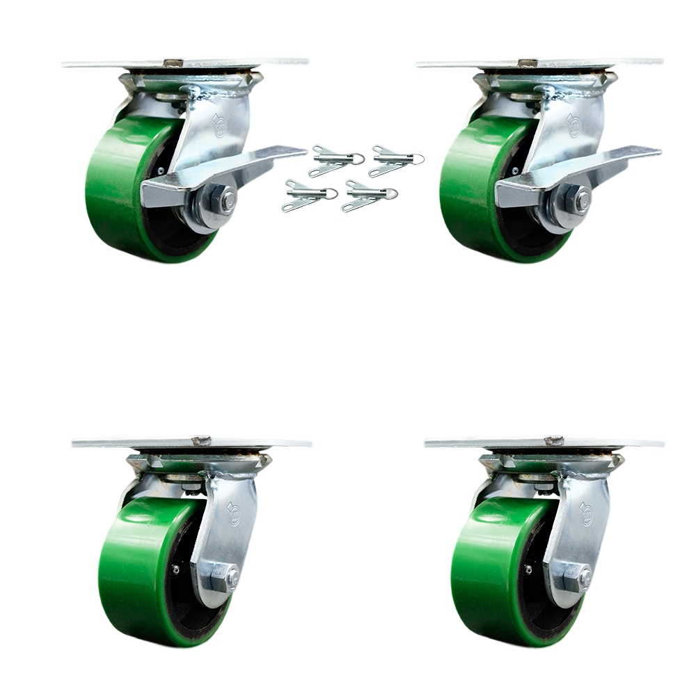 Heavy Duty Large Top Plate Poly on Cast Iron Swivel Caster with Maintenance Free Bearings with 4 x 2 in. Green Wheel - Set of 4