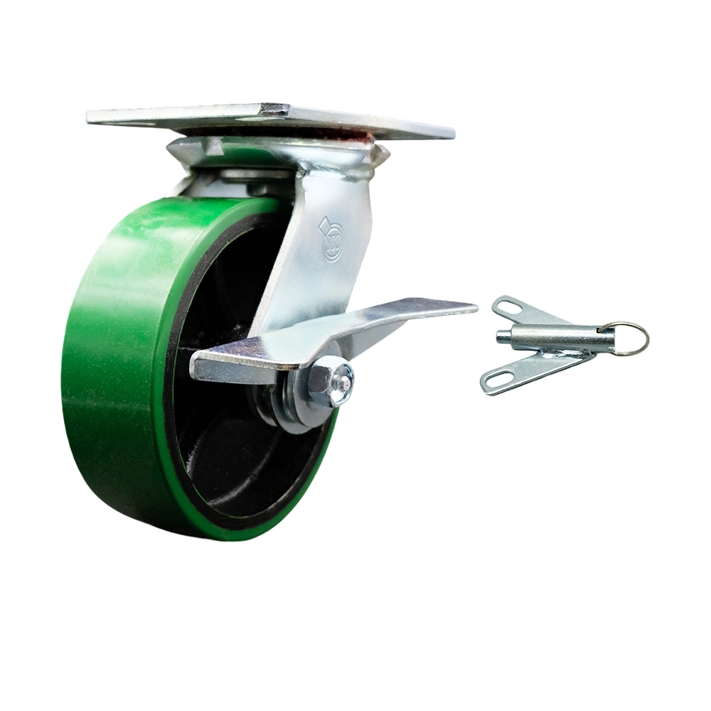Heavy Duty Large Top Plate Polyurethane on Cast Iron Swivel Caster with Maintenance Free Bearings & 6 x 2 in. Green Wheel - 1200 lbs Capacity