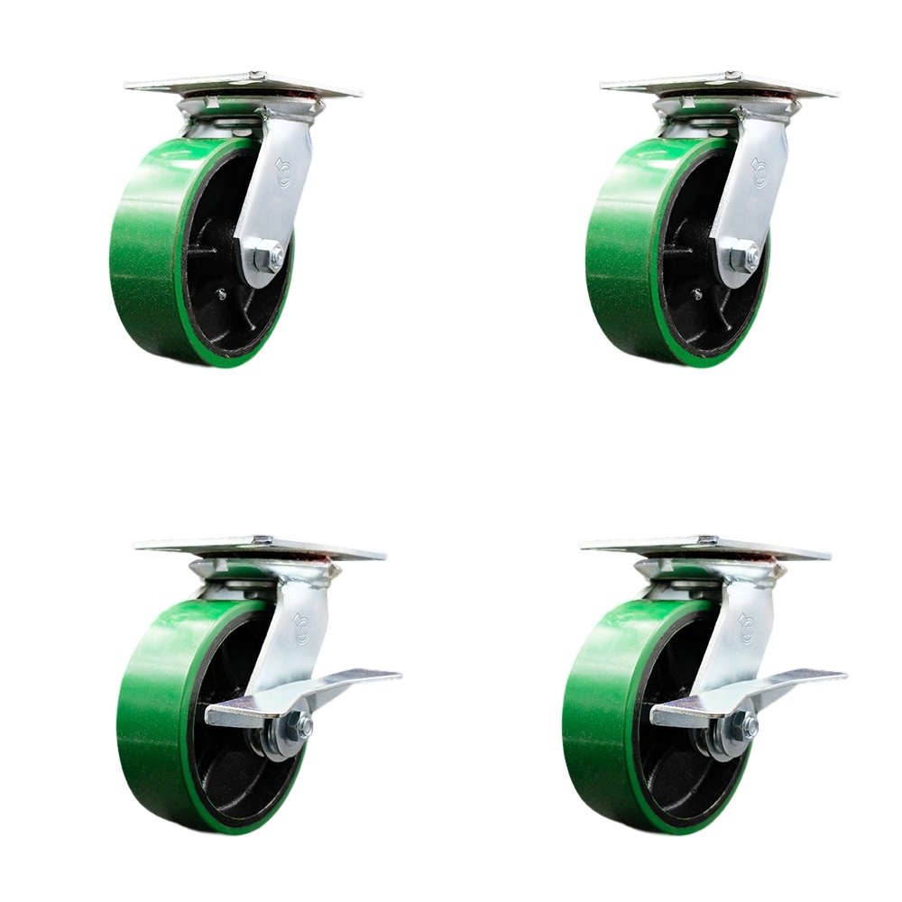 Heavy Duty Large Top Plate Polyurethane on Cast Iron Swivel Caster with Maintenance Free Bearings with 6 x 2 in. Green Wheels - Set of 4