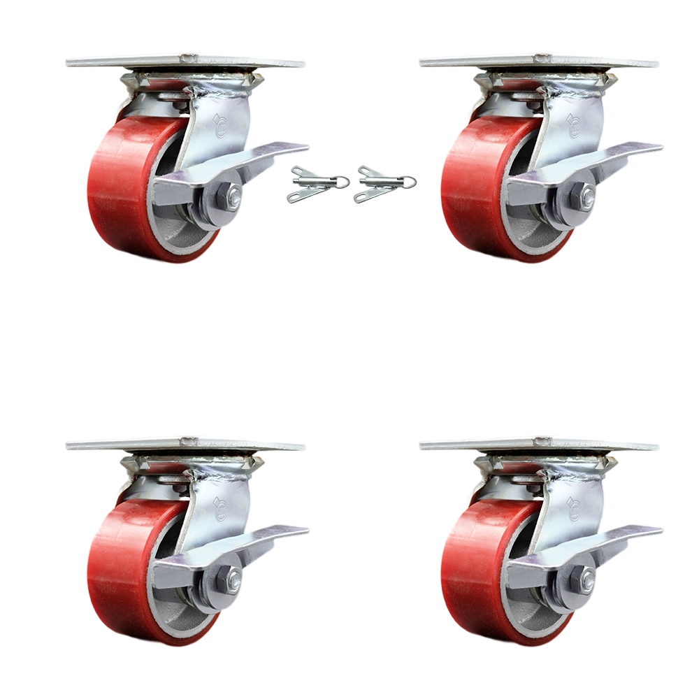 Heavy Duty Large Top Plate Poly on Cast Iron Swivel Caster with Maintenance Free Bearings with 4 x 2 in. Red Wheels - Set of 4