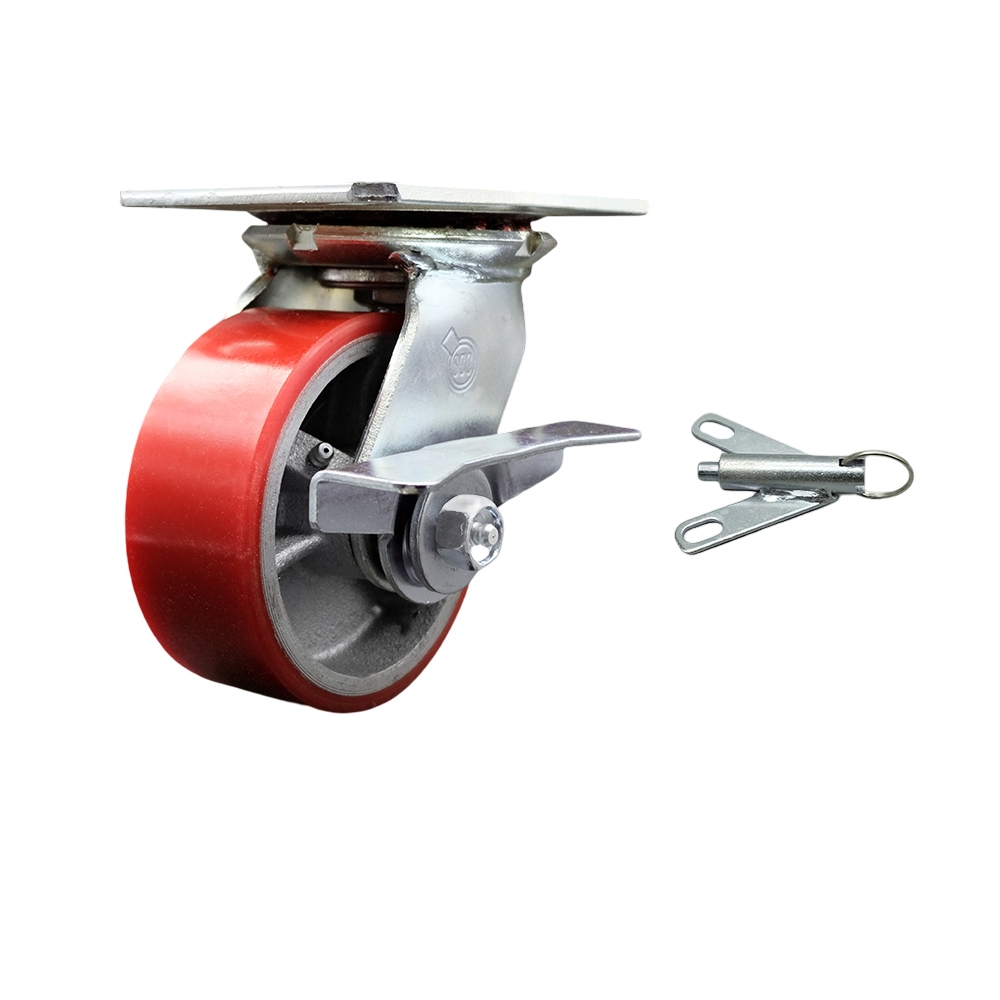 Heavy Duty Large Top Plate Polyurethane on Cast Iron Swivel Caster with Maintenance Free Bearings & 5 x 2 in. Red Wheel - 900 lbs Capacity