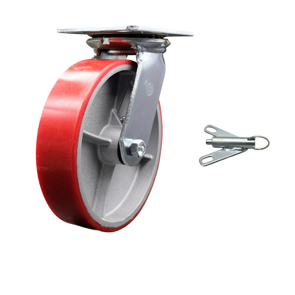 Heavy Duty Large Top Plate Polyurethane on Cast Iron Swivel Caster with Maintenance Free Bearings & 8 x 2 in. Red Wheel & Bolt on Swivel Lock