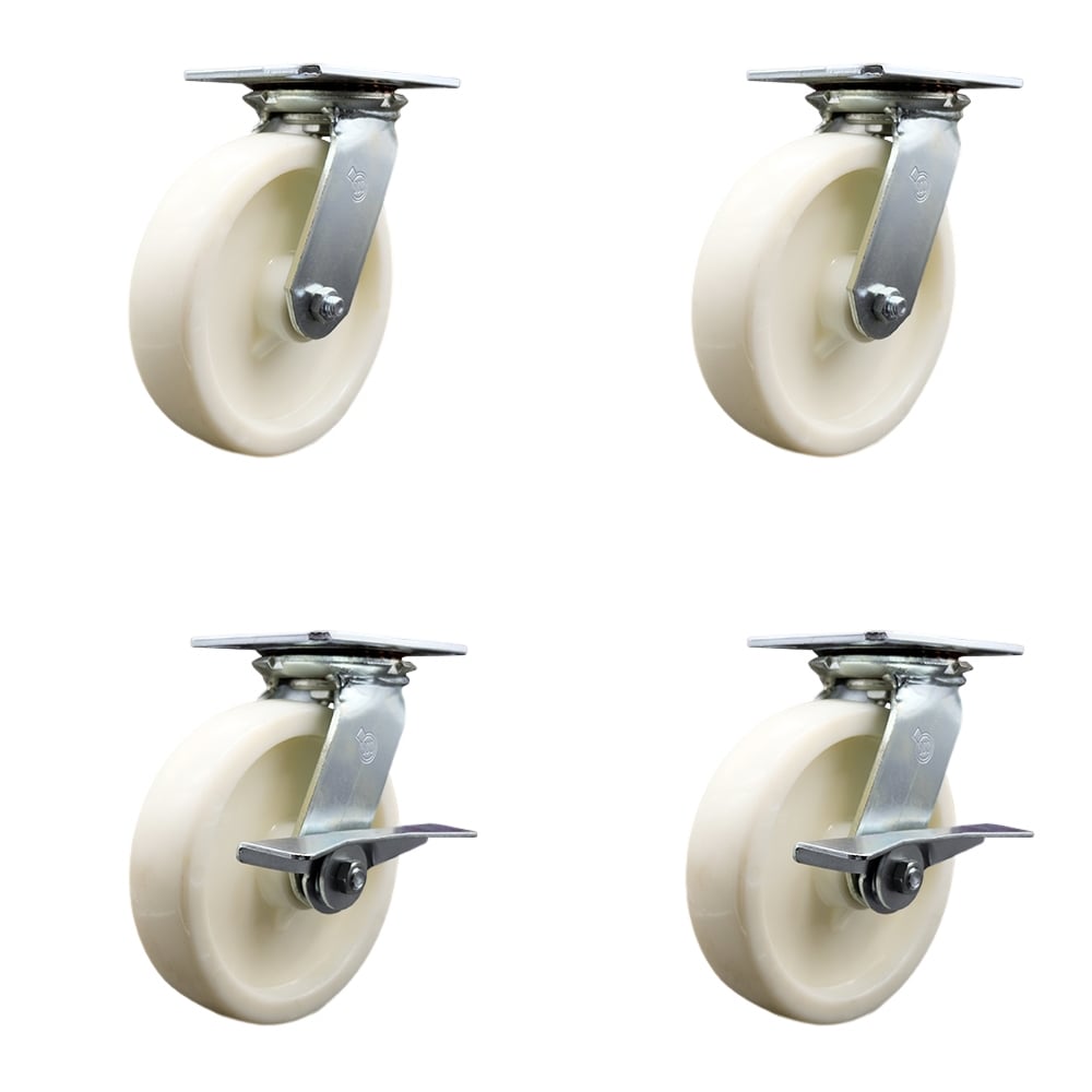 Heavy Duty Large Top Plate Nylon Swivel Caster with Maintenance Free Bearings with 8 x 2 in. White Wheels - 5000 lbs Capacity - Set of 4