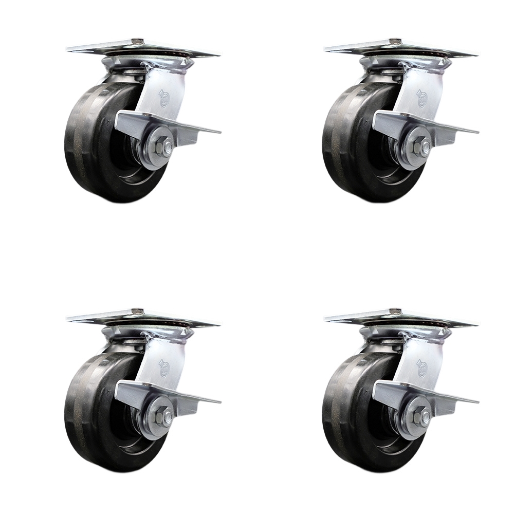 Heavy Duty Large Top Plate Phenolic Swivel Caster with Maintenance Free Bearings with 5 x 2 in. Black Wheels - 4000 lbs Total Capacity - Set of 4