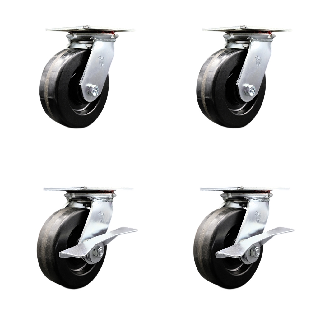 Heavy Duty Large Top Plate Phenolic Swivel Caster with Maintenance Free Bearings with 6 x 2 in. Black Wheels - 4800 lbs Total Capacity - Set of 4