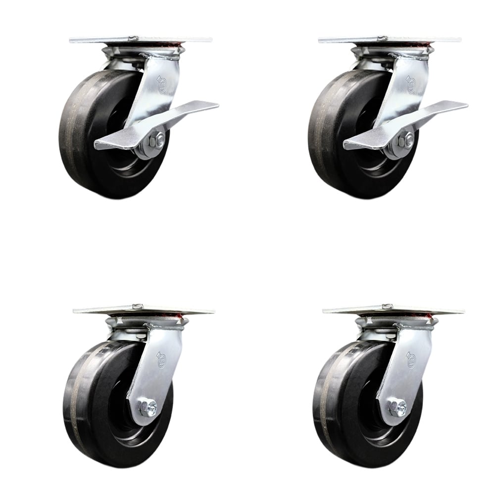 Heavy Duty Large Top Plate Phenolic Swivel Caster with Maintenance Free Bearings with 6 x 2 in. Black Wheels - Set of 4