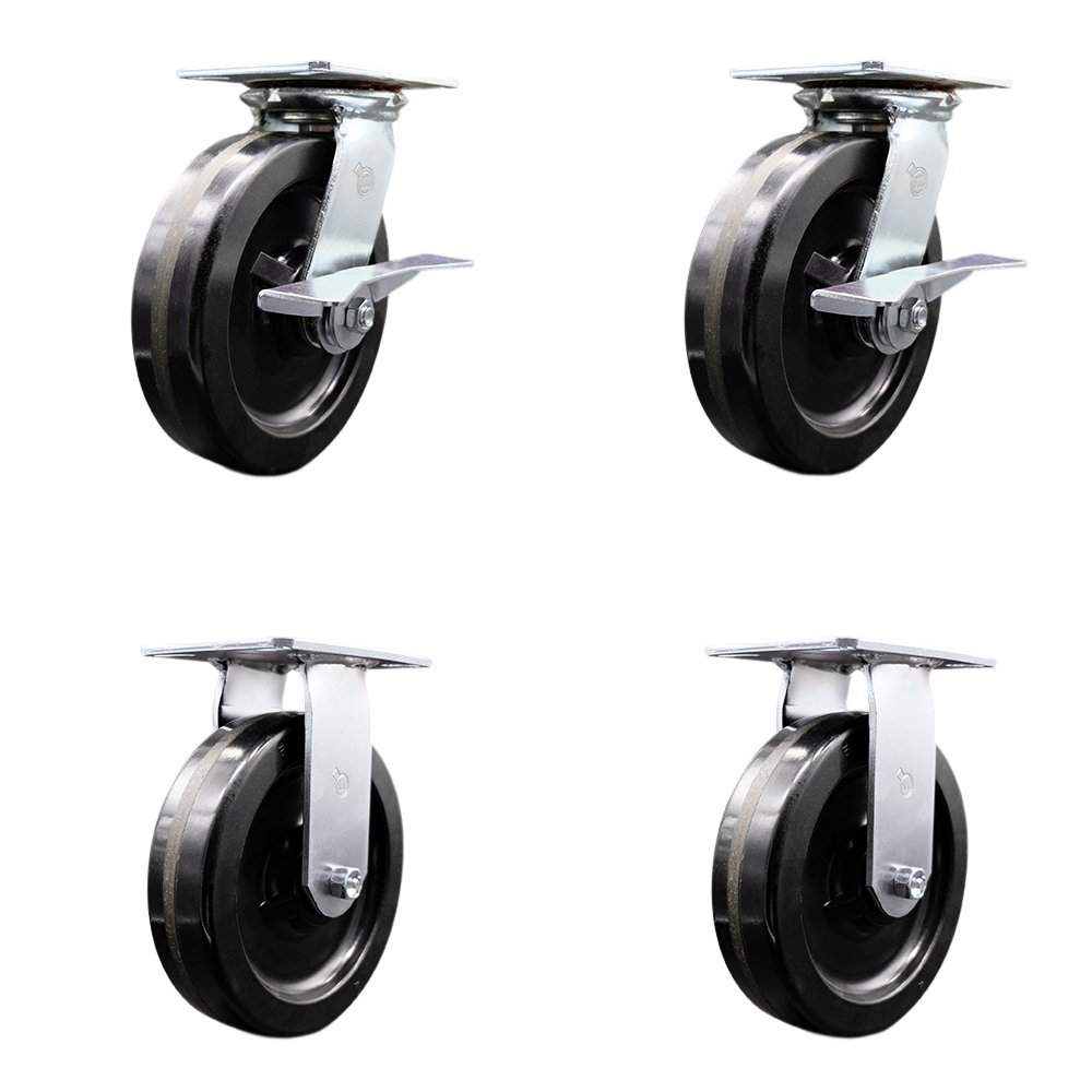 Heavy Duty Large Top Plate Phenolic Swivel Caster with Maintenance Free Bearings with 8 x 2 in. Black Wheels - 5000 lbs Total Capacity - Set of 4