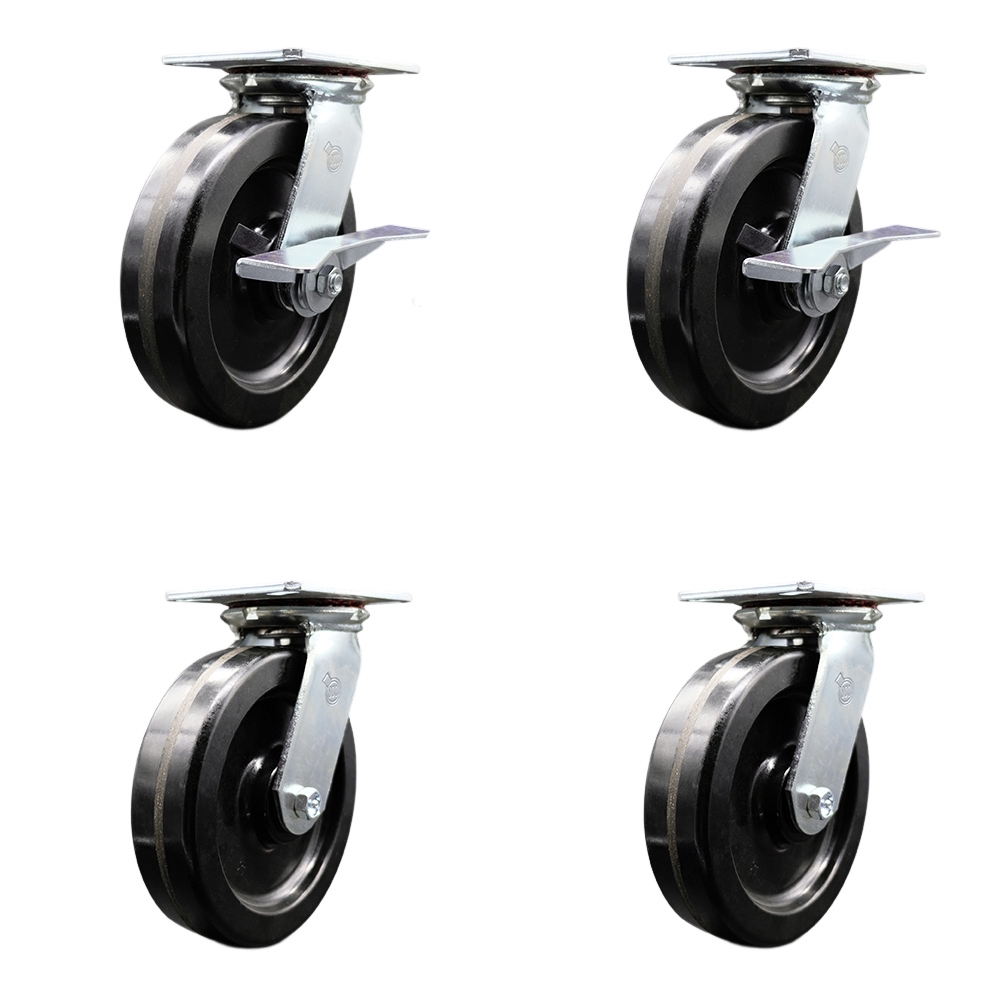 Heavy Duty Large Top Plate Phenolic Swivel Caster with Maintenance Free Bearings with 8 x 2 in. Black Wheels - Set of 4