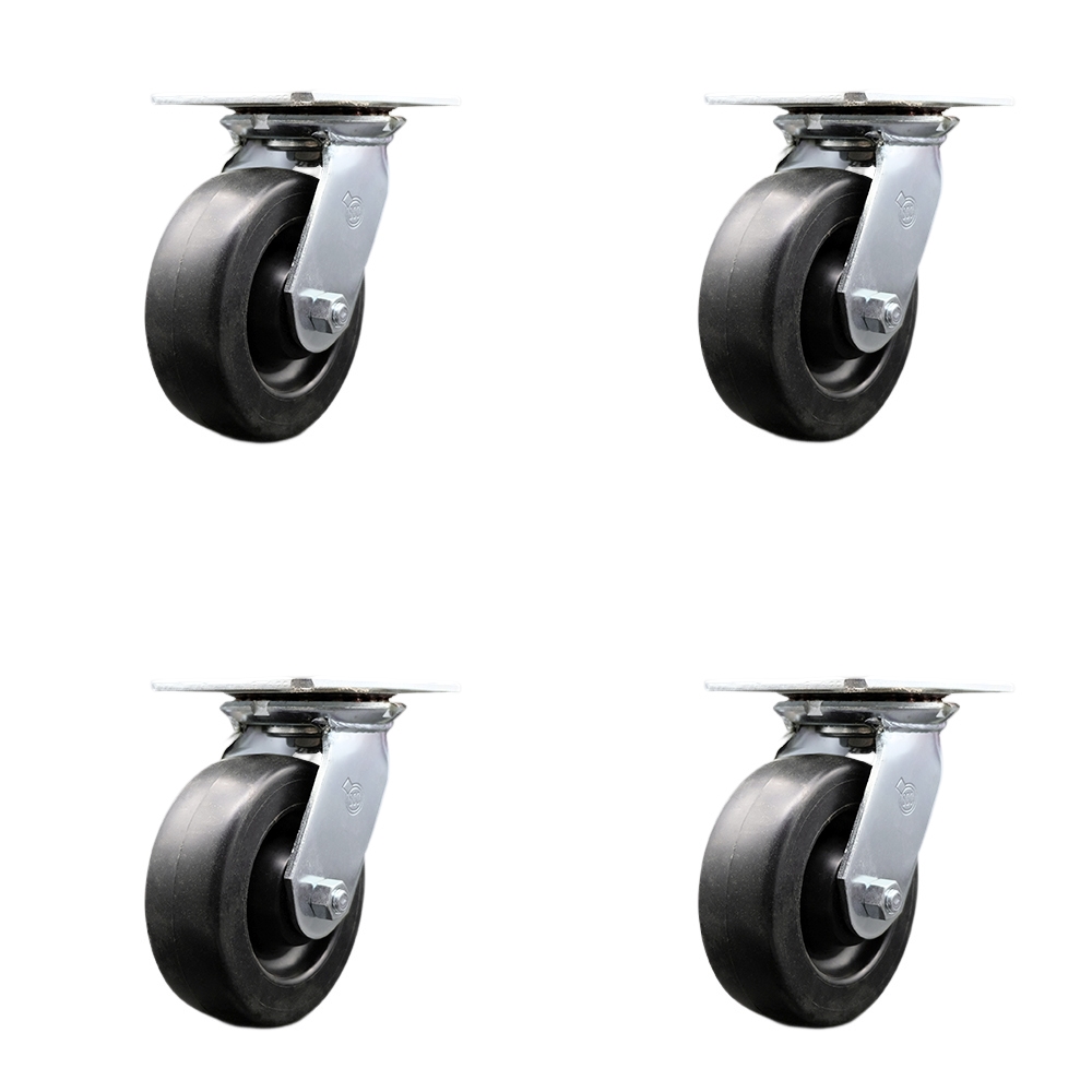 Heavy Duty Large Top Plate Polyolefin Swivel Caster with Maintenance Free Bearings with 6 x 2 in. Black Wheels - 2800 lbs Total Capacity - Set of 4