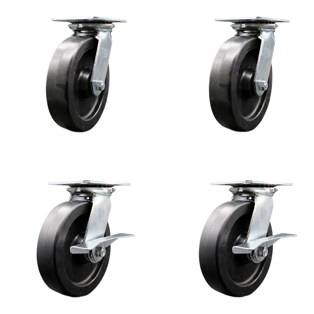 Heavy Duty Large Top Plate Polyolefin Swivel Caster with Maintenance Free Bearings with 8 x 2 in. Black Wheels - Set of 4