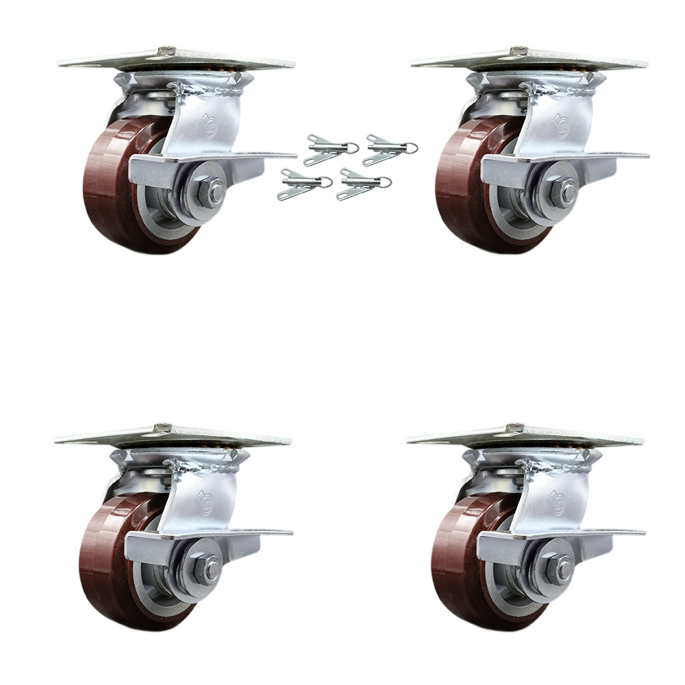 Heavy Duty Large Top Plate Polyurethane on Polyolefin Swivel Caster with Maintenance Free Bearings with 4 x 2 in. Maroon Wheels - Set of 4