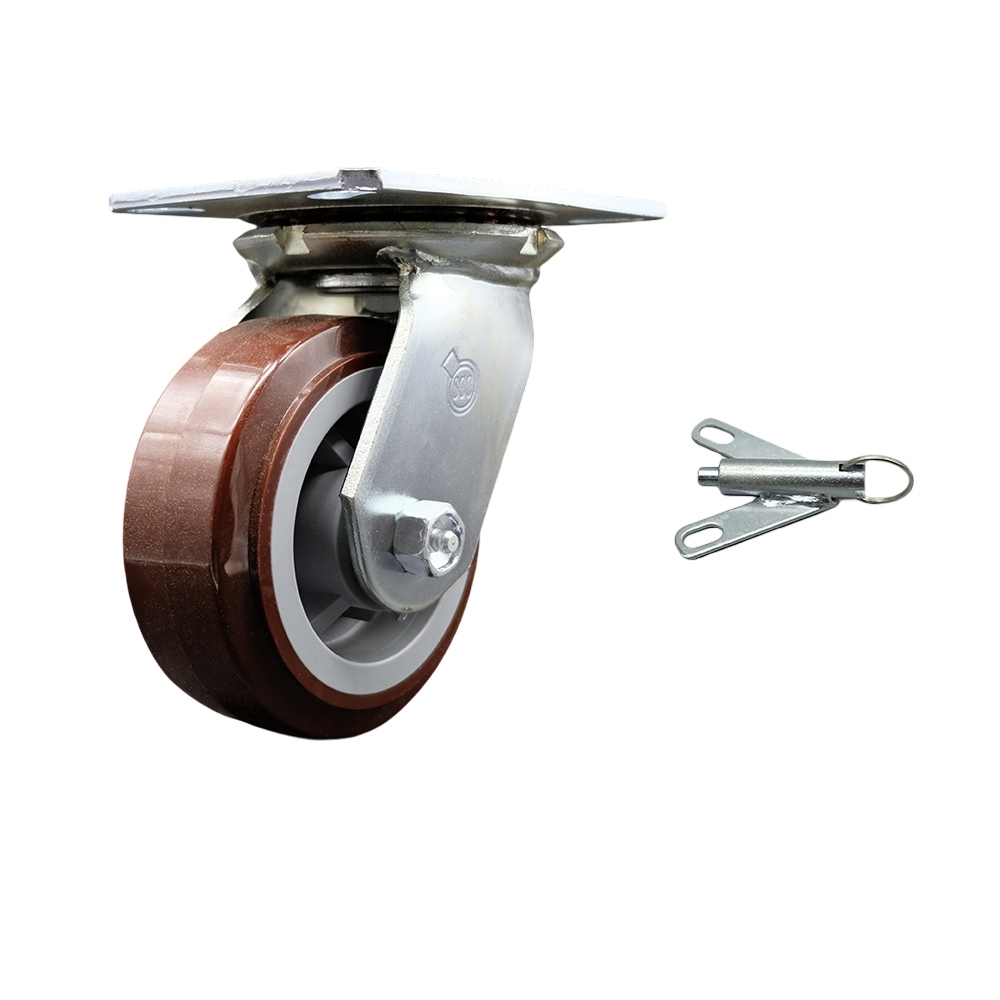 Heavy Duty Large Top Plate Polyurethane on Polyolefin Swivel Caster with Maintenance Free Bearings & 5 x 2 in. Maroon Wheel & Bolt on Swivel Lock