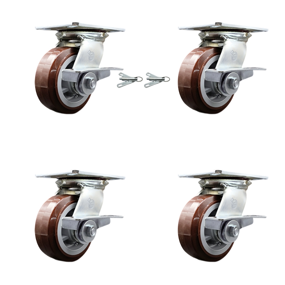 Heavy Duty Large Top Plate Poly on Polyolefin Swivel Caster with Maintenance Free Bearings with 5 x 2 in. Maroon Wheels - Set of 4