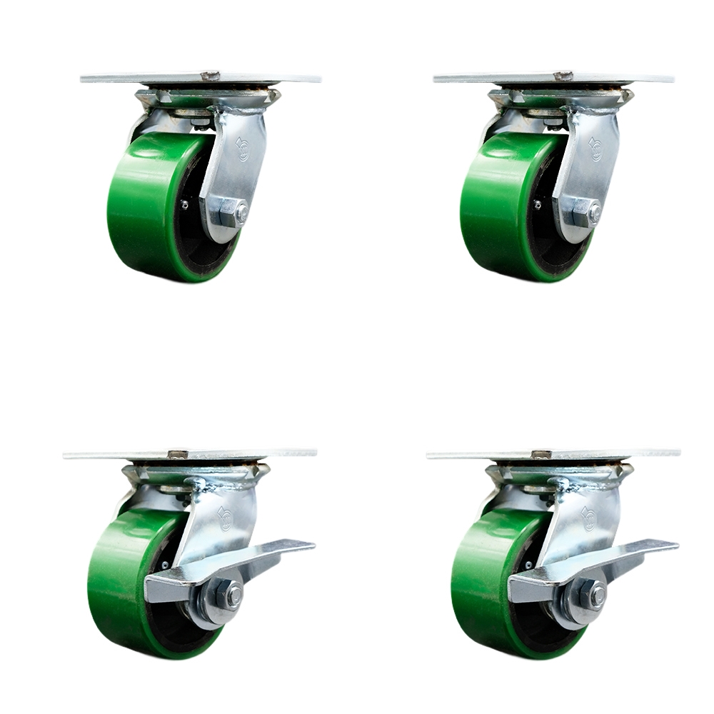 Heavy Duty Large Top Plate Polyurethane on Cast Iron Swivel Caster with Maintenance Free Bearings with 4 x 2 in. Green Wheels - Set of 4