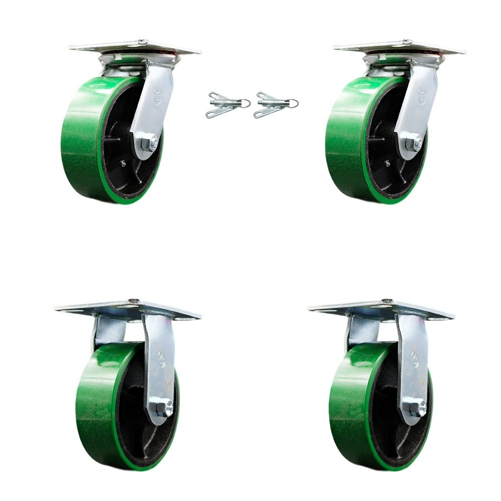 Heavy Duty Large Top Plate Polyurethane on Cast Iron Swivel Caster with Maintenance Free Bearings with 6 x 2 in. Green Wheels - Set of 4