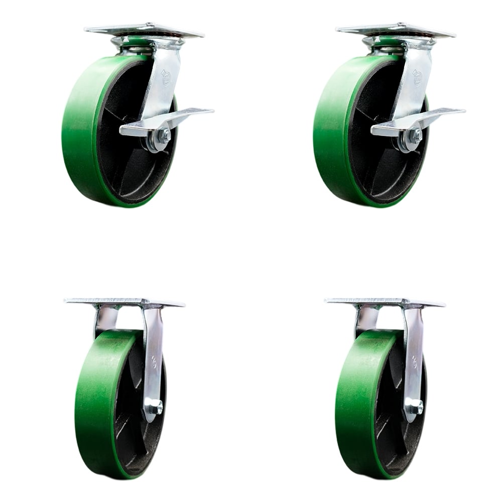Heavy Duty Large Top Plate Polyurethane on Cast Iron Swivel Caster with Maintenance Free Bearings with 8 x 2 in. Green Wheels - Set of 4