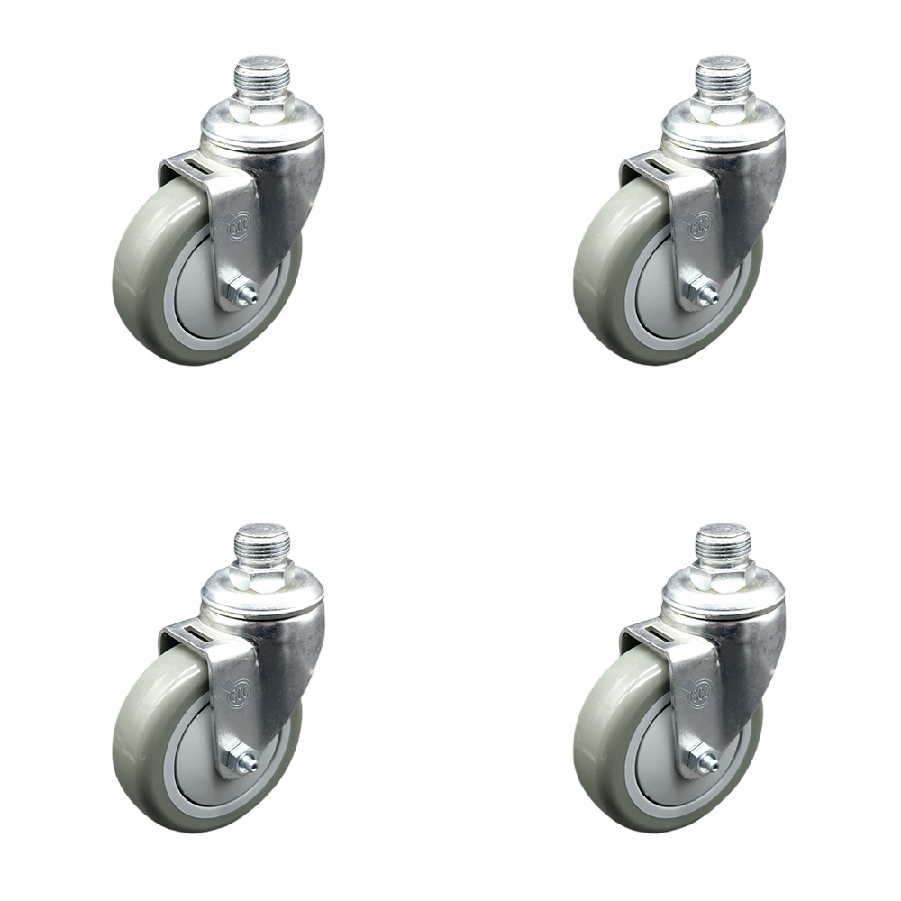 0.75 in. NPT Pipe Threaded Stem Swivel Caster Set with 4 x 1.25 in. Gray Non-Marking Polyurethane Wheels - 1400 lbs Total Capacity - Set of 4