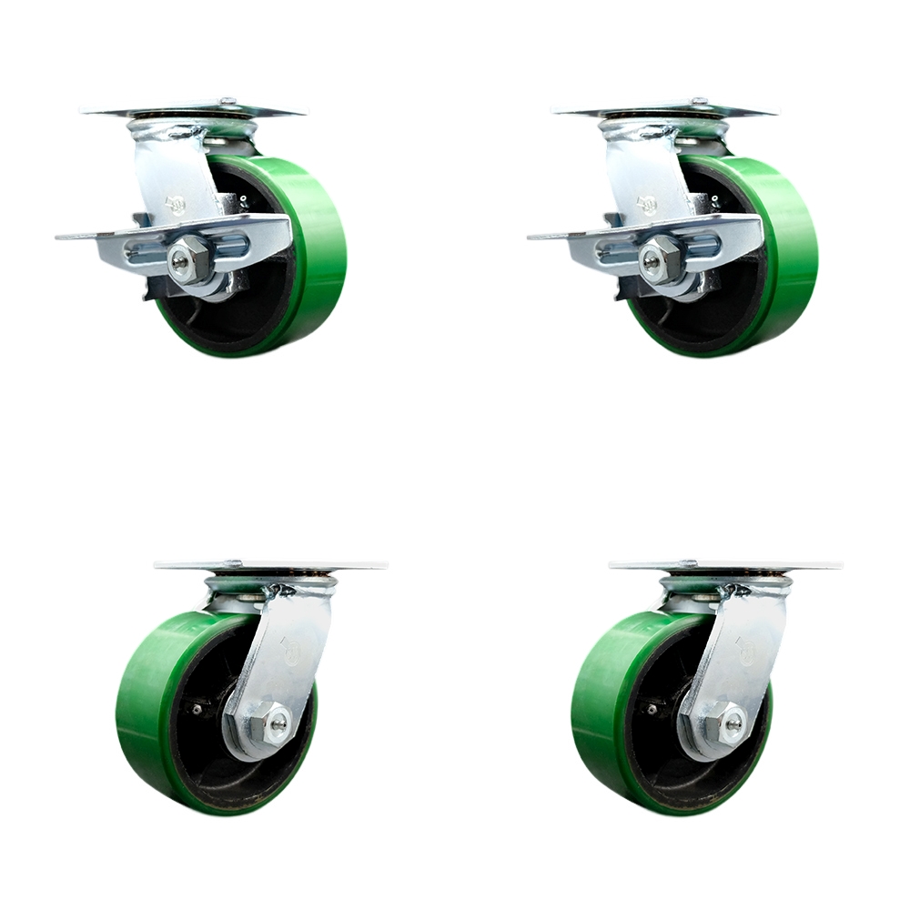 Heavy Duty Large Top Plate Polyurethane on Cast Iron Swivel Caster with 6 x 2.5 in. Green Wheels - 6400 lbs Capacity - Set of 4