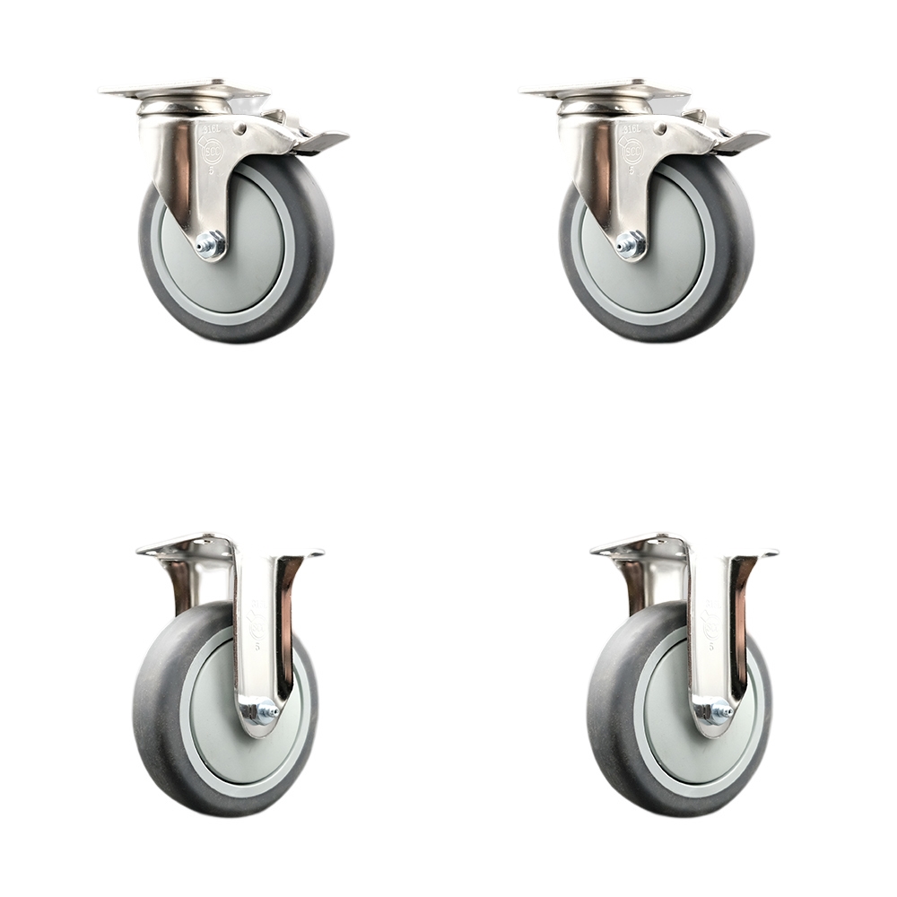 SCC-SS316TTL20S514-TPRB-2-R-2 Thermoplastic Rubber Swivel Top Plate Caster with 5 in. Gray Caster Wheels - 316 Stainless Steel Casters - Set of 4