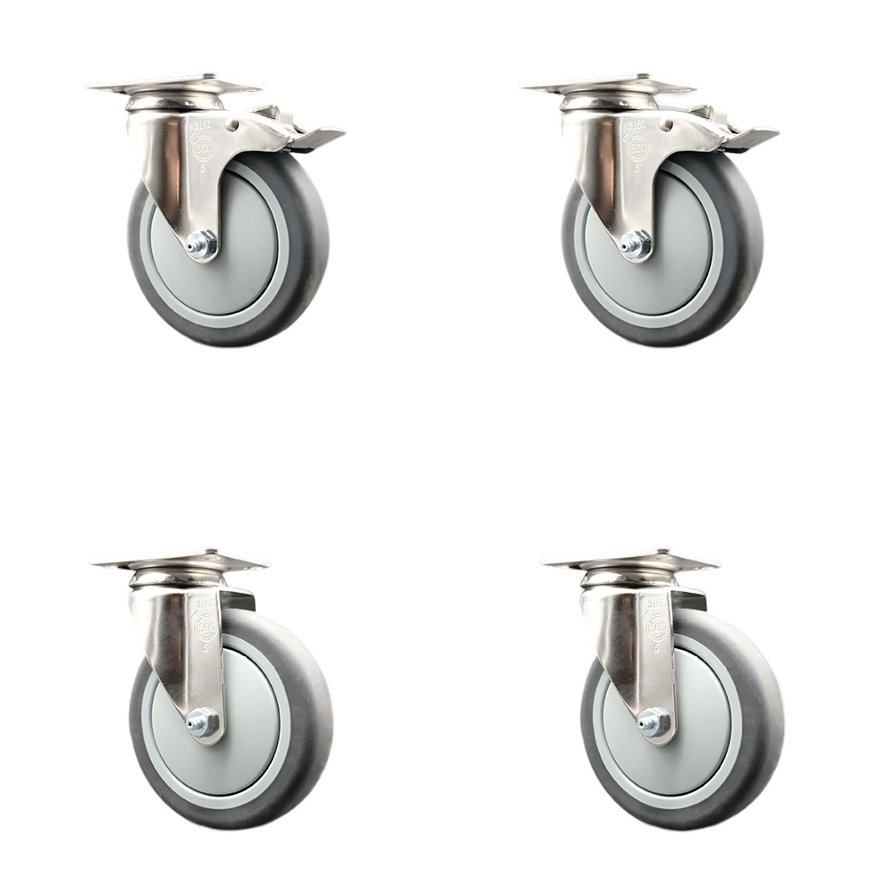 SCC-SS316TTL20S514-TPRB-2-S-2 Thermoplastic Rubber Swivel Top Plate Caster with 5 in. Gray Caster Wheels - 316 Stainless Steel Casters - Set of 4
