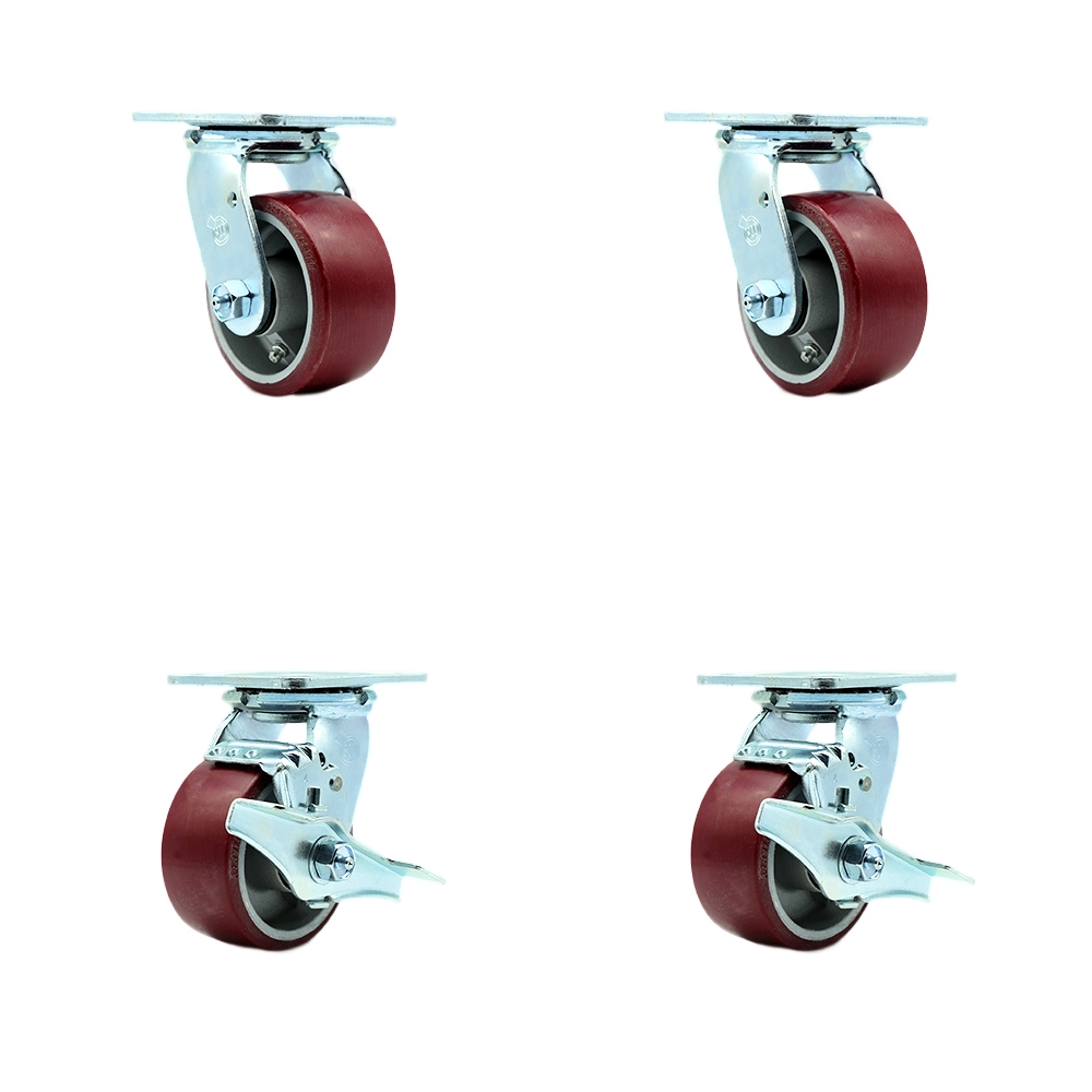 SCC-30CS420-PAR-2-TLB-2 Polyurethane on Aluminum Swivel Top Plate Casters, Heavy Duty with 4 in. Wheels - 2800 lbs Total Capacity - Set of 4