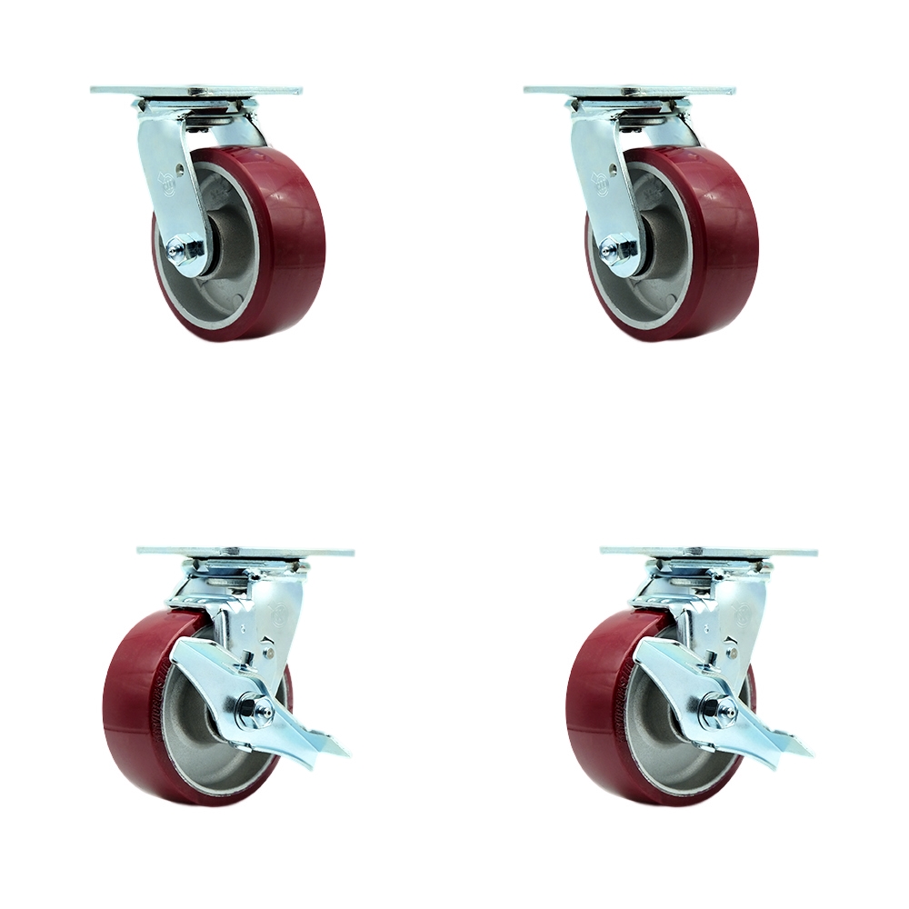 SCC-30CS520-PAR-2-TLB-2 Polyurethane on Aluminum Swivel Top Plate Casters, Heavy Duty with 5 in. Wheels - 3600 lbs Total Capacity - Set of 4
