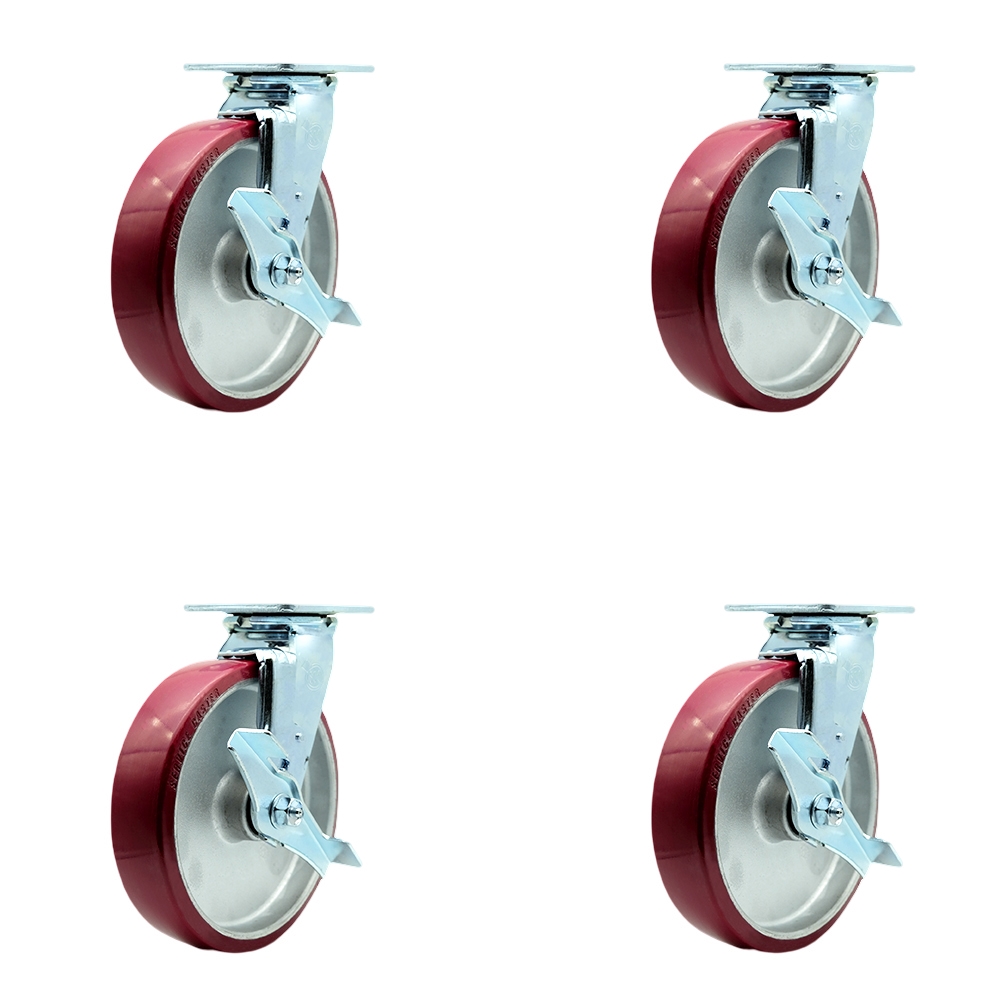 SCC-30CS820-PAR-TLB-4 Polyurethane on Aluminum Swivel Top Plate Casters, Heavy Duty with 8 in. Wheels - 5000 lbs Total Capacity - Set of 4